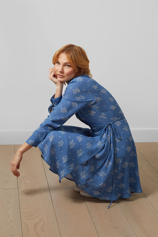 Chalk Blue Short Wrap Dress – Long Sleeve, 100% Silk
