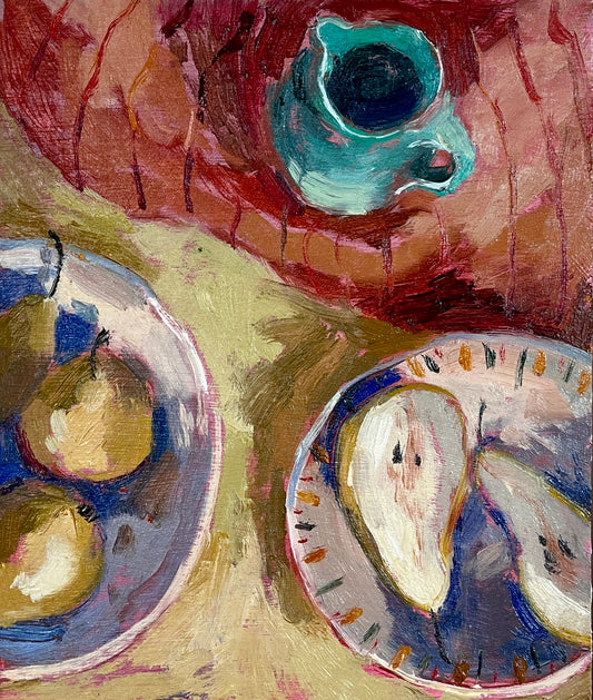 Pears & Teal Jug Red Cloth