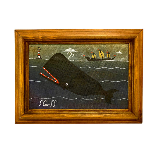 Whale and Ship Painting Framed on Wood