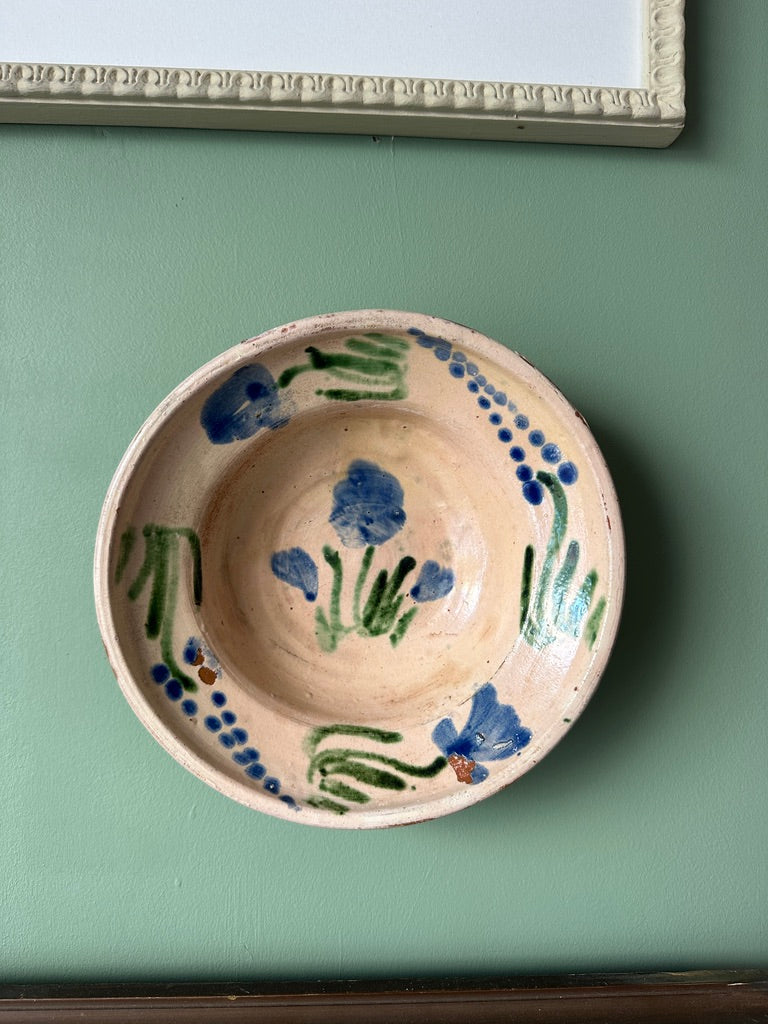 Cream-Glazed Terracotta Bowl with Floral Motif