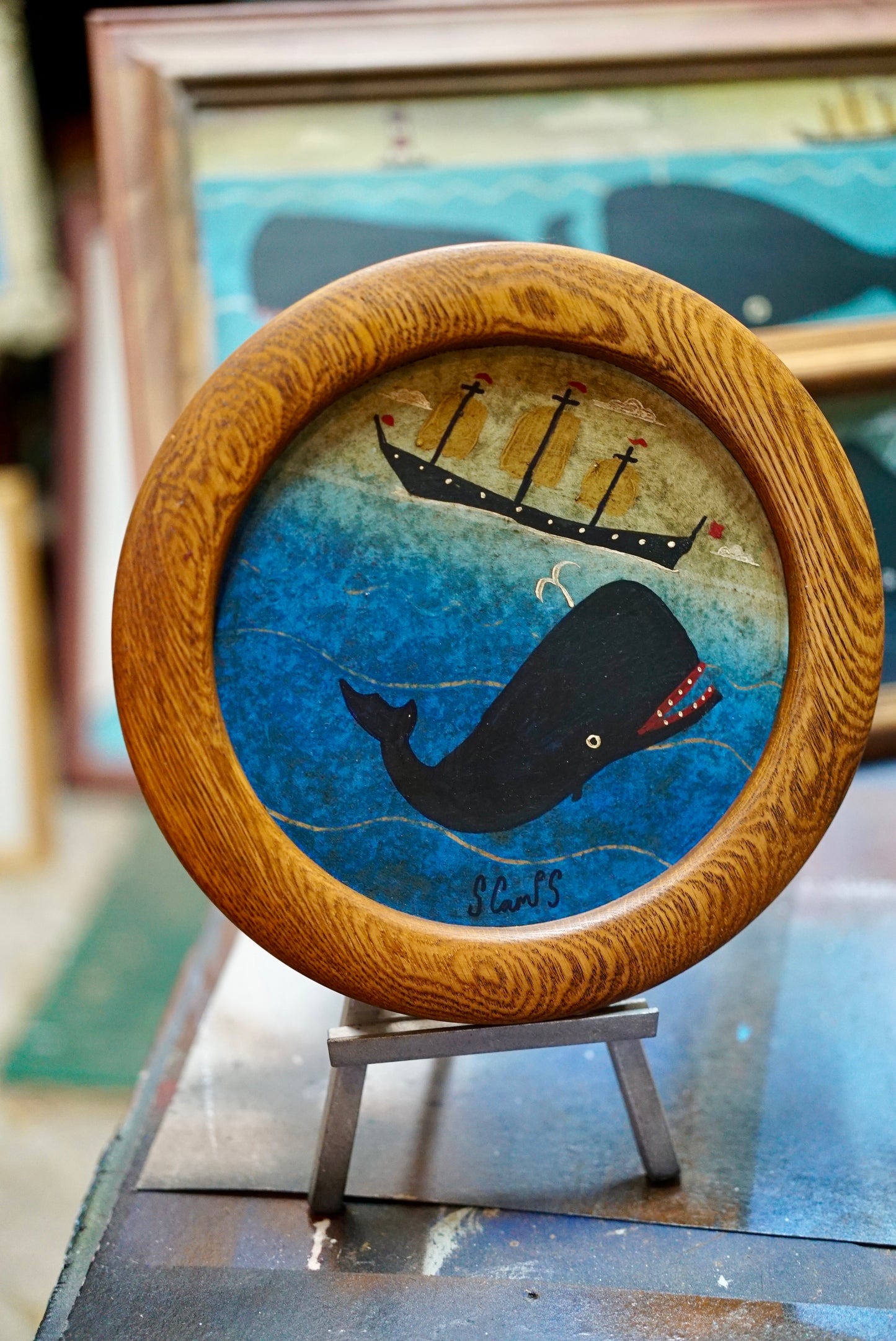 Round Whale and Ship Painting