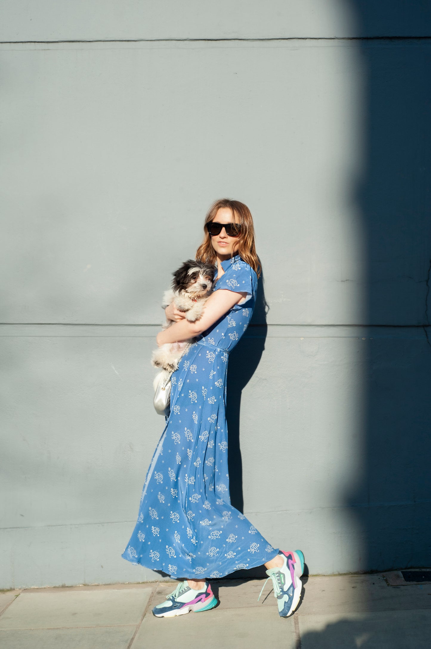 Chalk Blue Long Silk Wrap Dress – Short Sleeve, 100% Silk