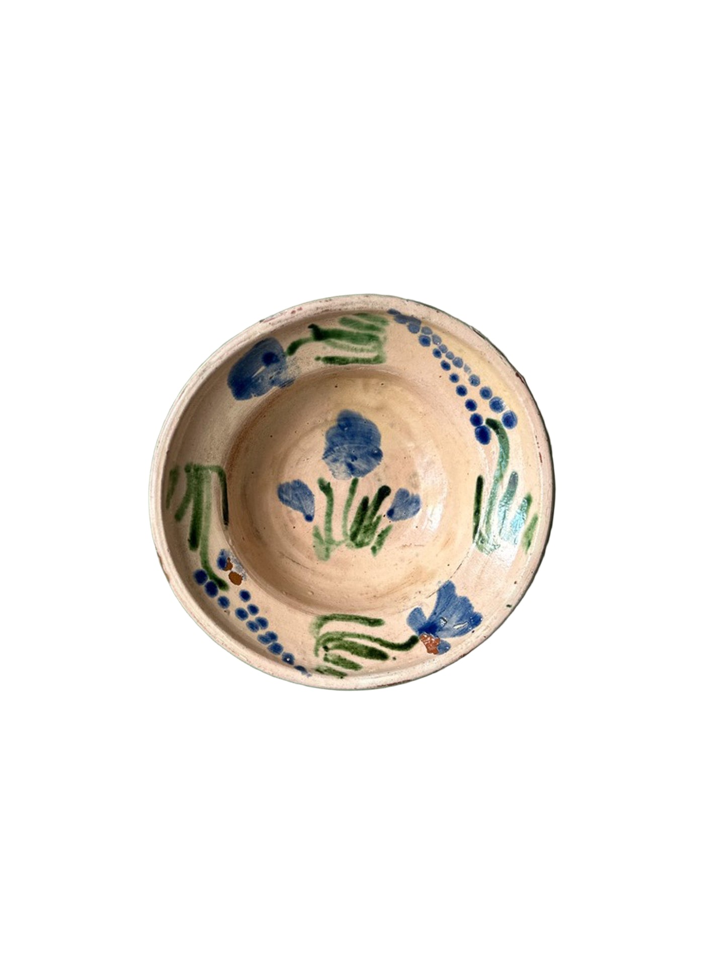 Cream-Glazed Terracotta Bowl with Floral Motif