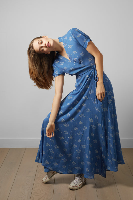 Chalk Blue Long Silk Wrap Dress – Short Sleeve, 100% Silk