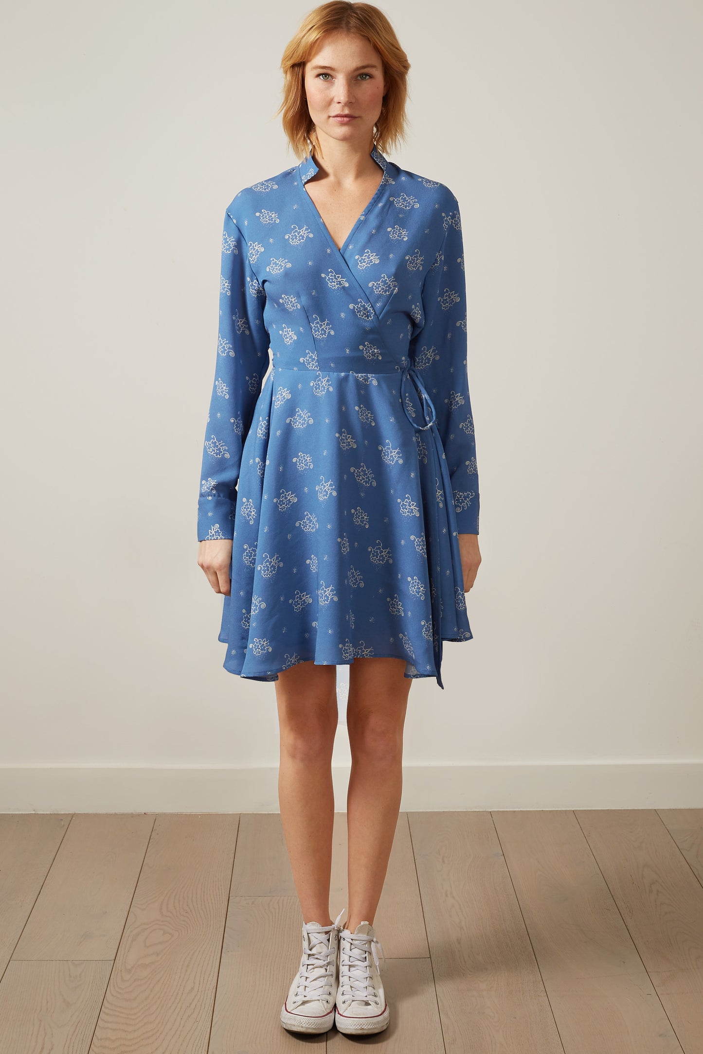 Chalk Blue Short Wrap Dress – Long Sleeve, 100% Silk