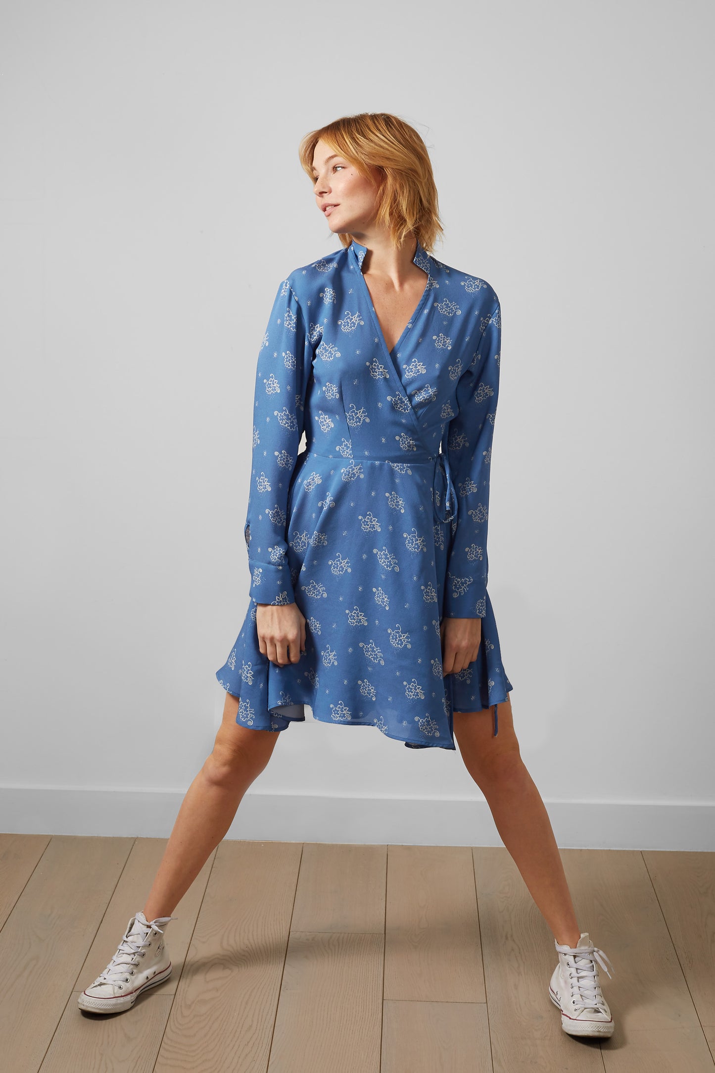 Chalk Blue Short Wrap Dress – Long Sleeve, 100% Silk