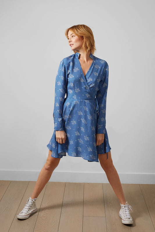 Chalk Blue Short Wrap Dress – Long Sleeve, 100% Silk
