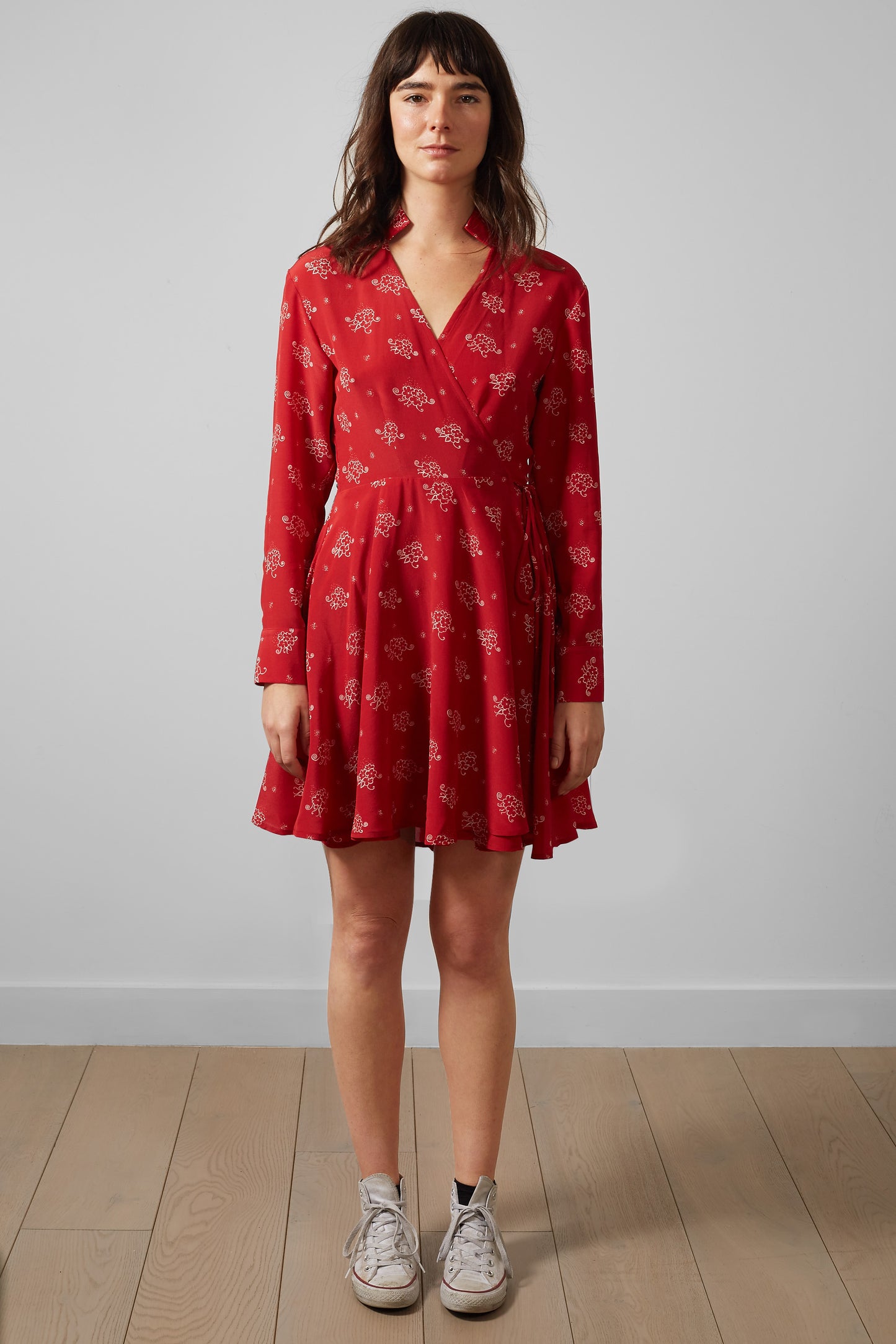 Red Glider Short Silk Wrap Dress – Long Sleeve, 100% Silk