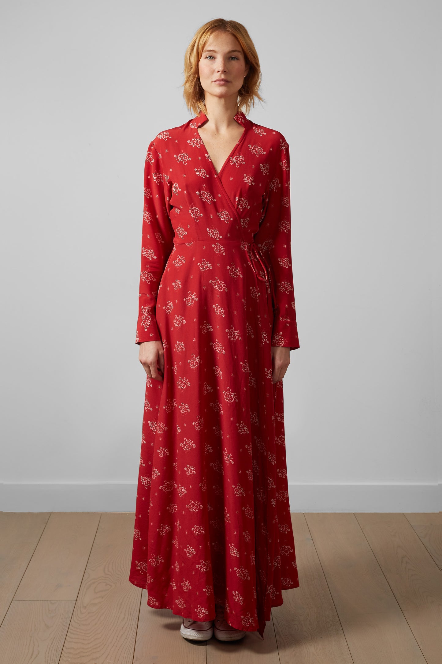 Long Red Glider Maxi Wrap Dress – 100% Silk