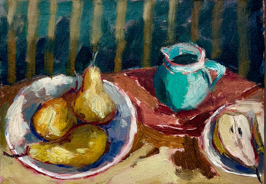 Green Striped Wall & Pears