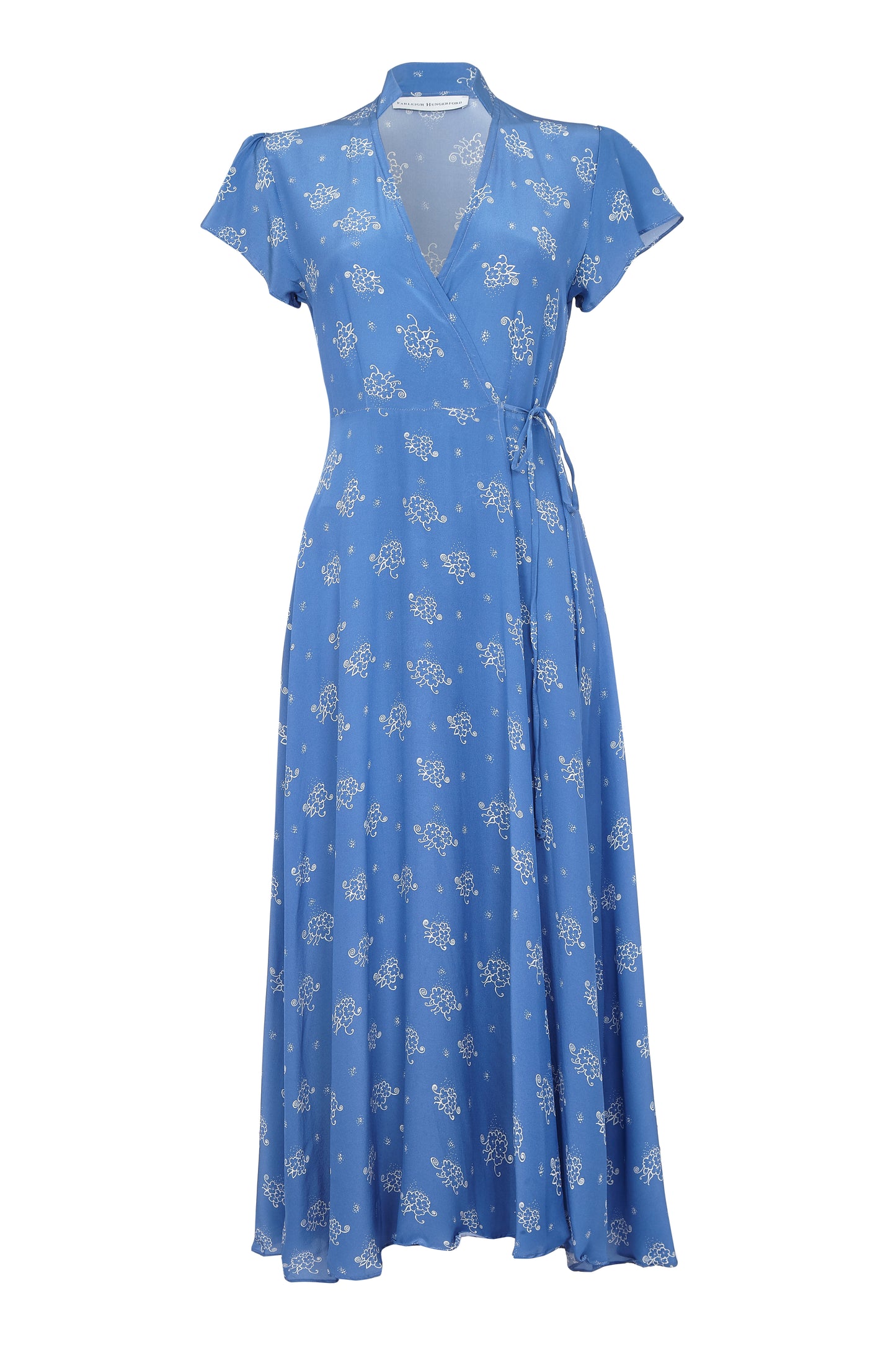 Chalk Blue Long Silk Wrap Dress – Short Sleeve, 100% Silk