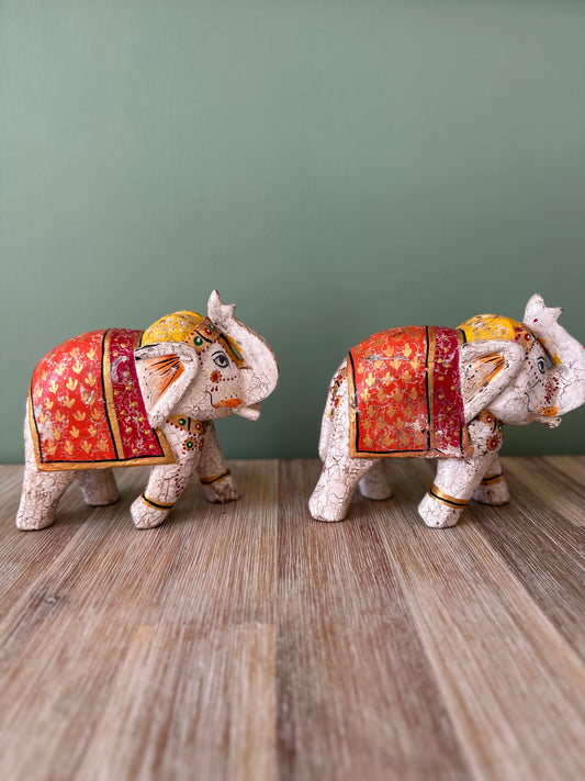 Pair of White Wooden elephants from India