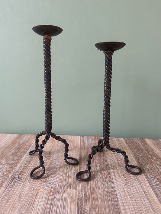 Pair of Indian Wrought Iron Candle Holders – Mismatched Height