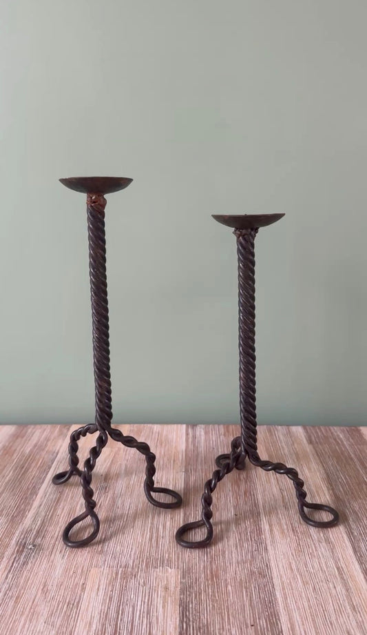 Pair of Indian Wrought Iron Candle Holders – Mismatched Height