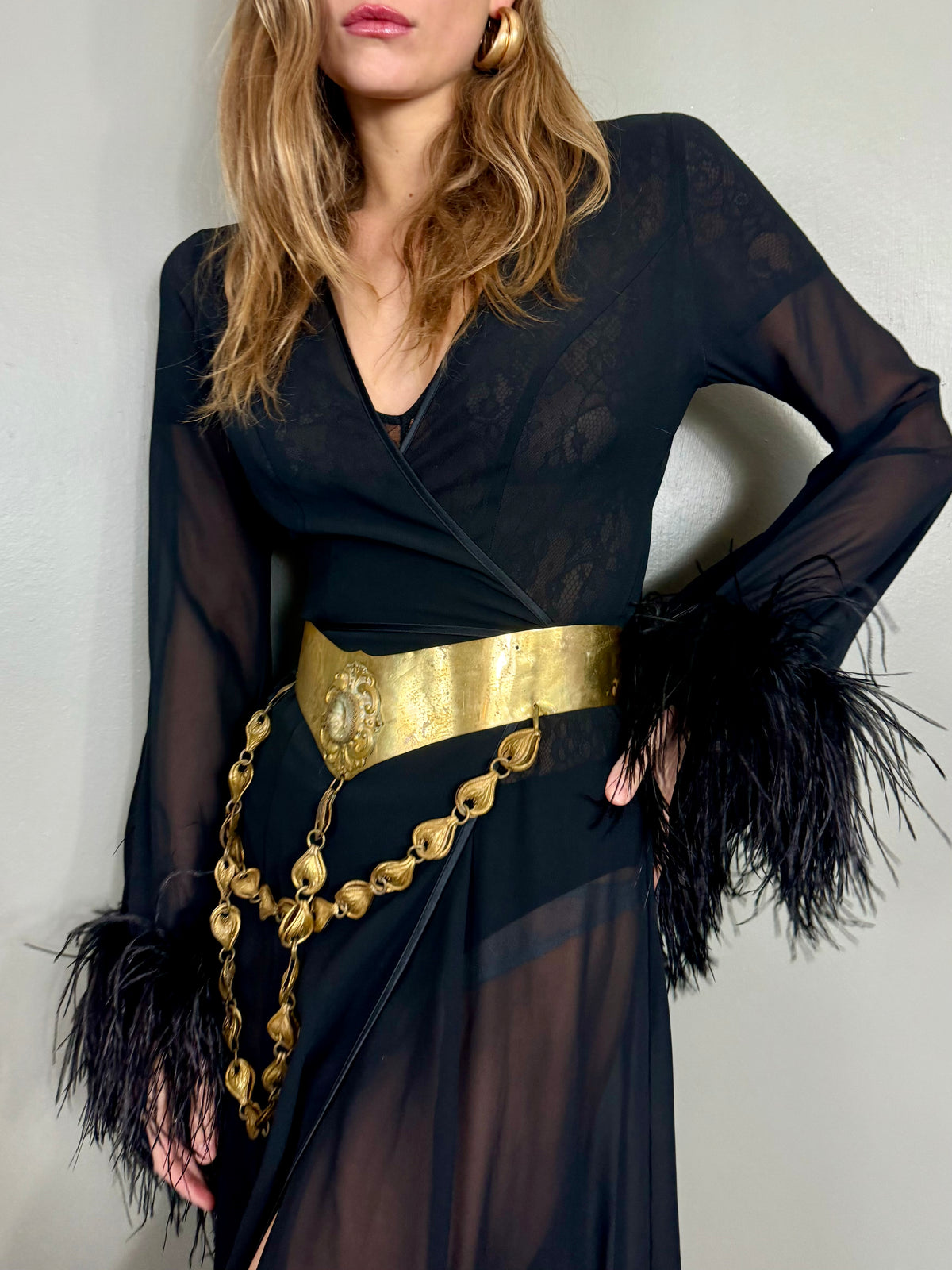 70s feather wrap dress.