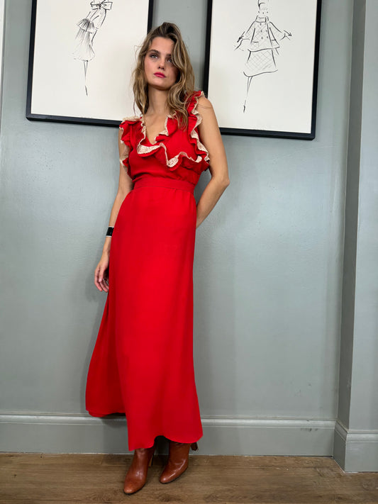Vintage 30s red silk and lace dress
