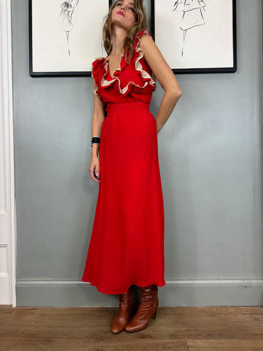 Vintage 30s red silk and lace dress