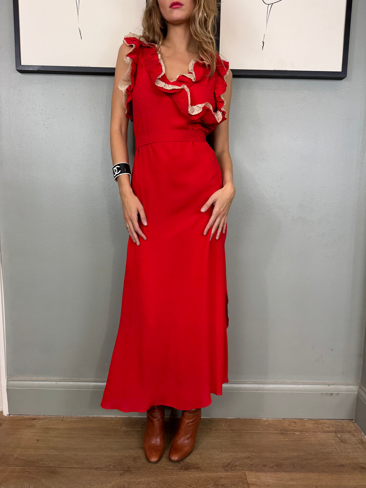 Vintage 30s red silk and lace dress