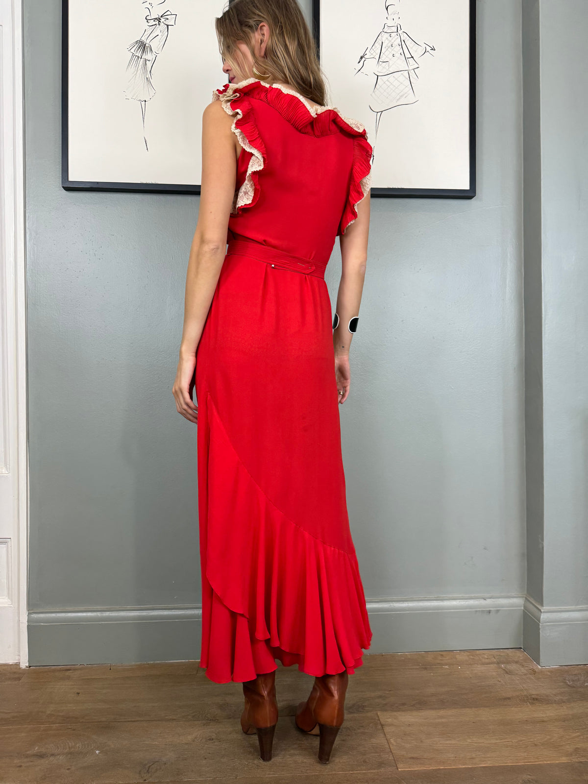 Vintage 30s red silk and lace dress