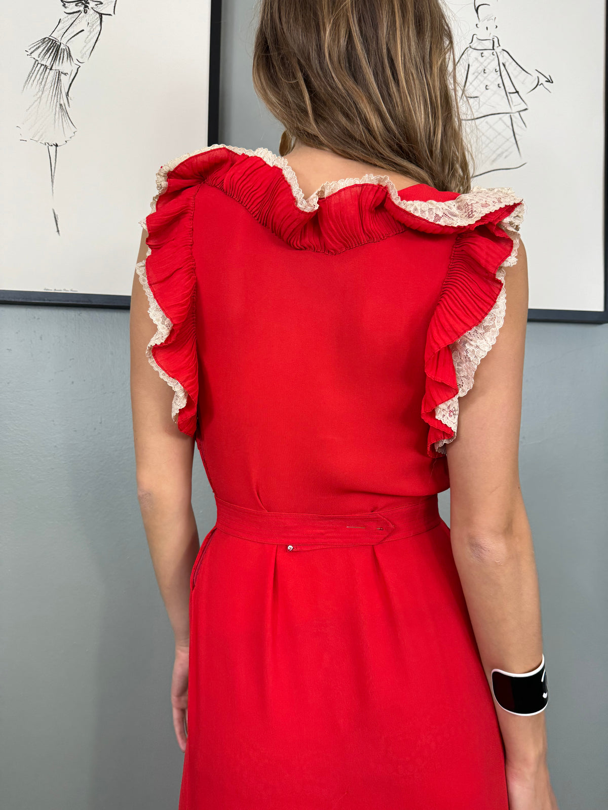 Vintage 30s red silk and lace dress