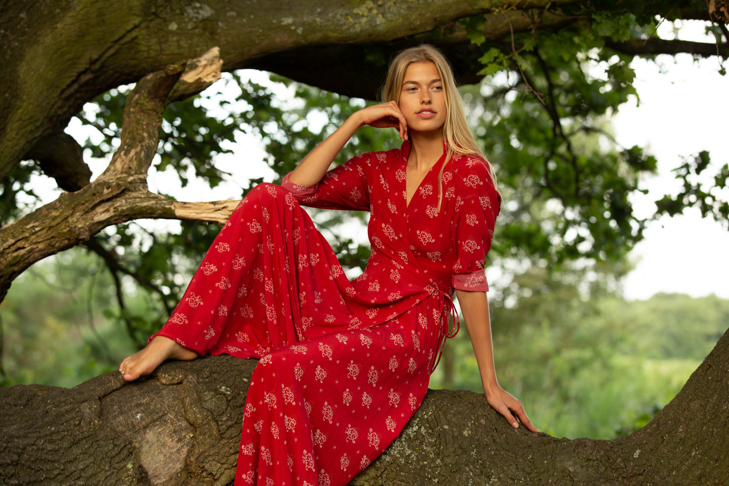Long Red Glider Maxi Wrap Dress – 100% Silk