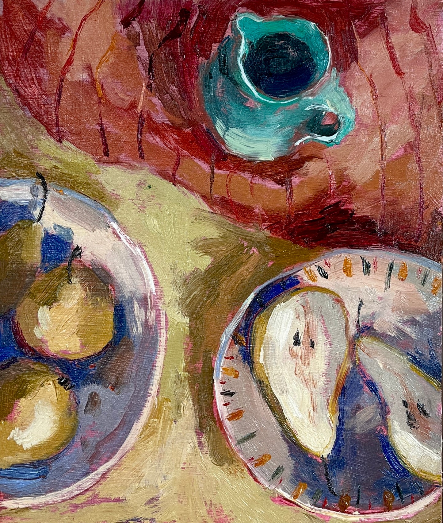 Pears & Teal Jug Red Cloth