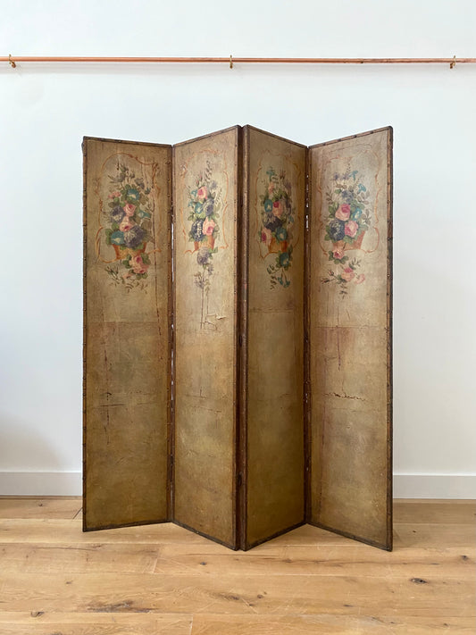 French 1880 Hand Painted Leather Four Screen Room Divider