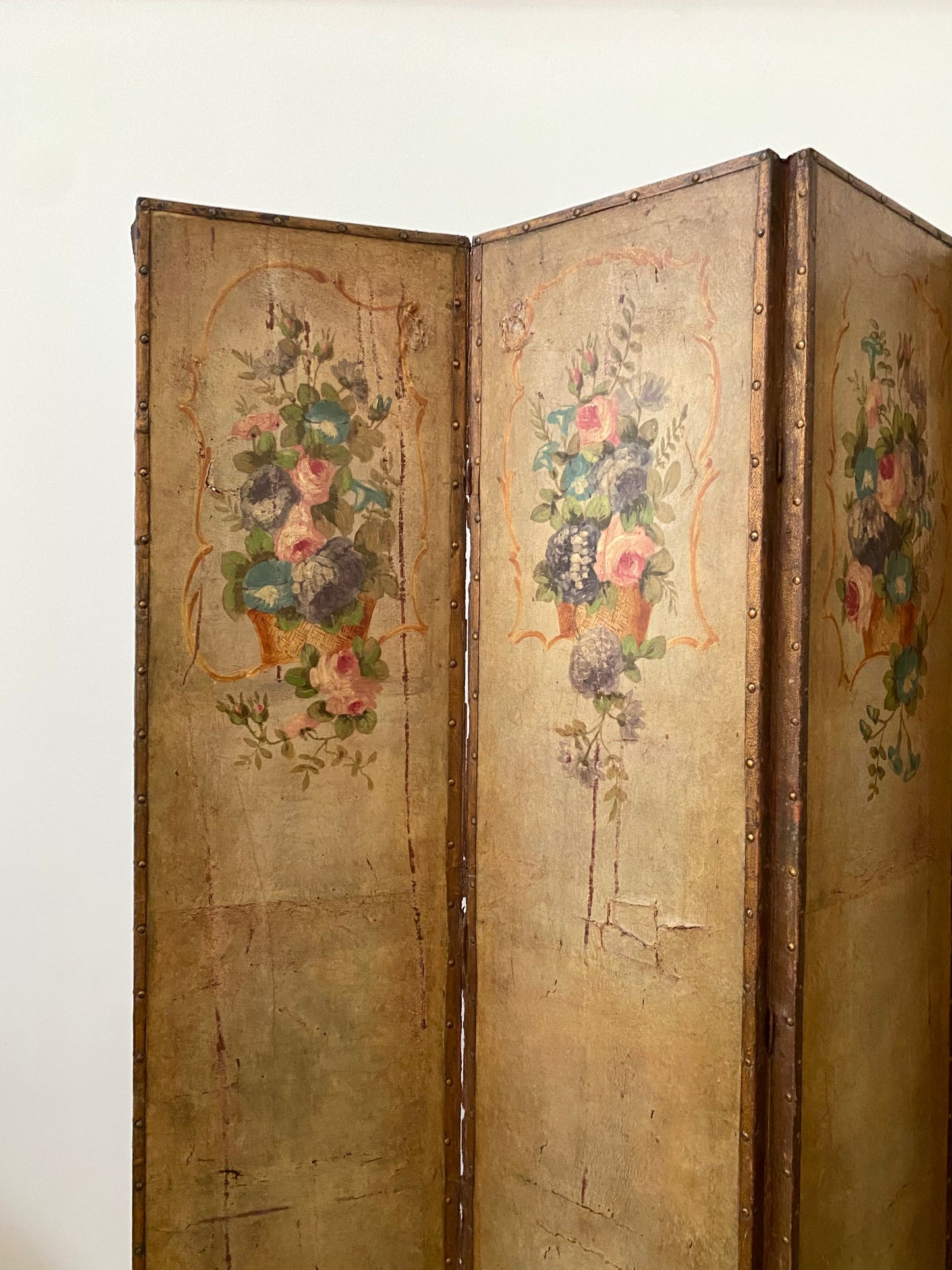 French 1880 Hand Painted Leather Four Screen Room Divider