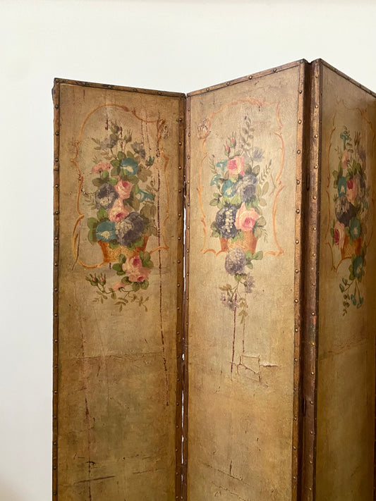 French 1880 Hand Painted Leather Four Screen Room Divider