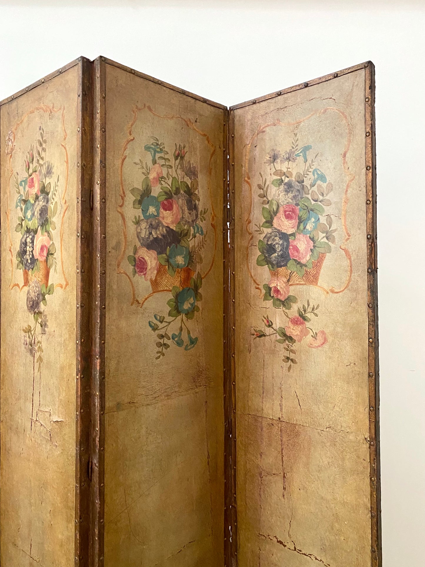French 1880 Hand Painted Leather Four Screen Room Divider