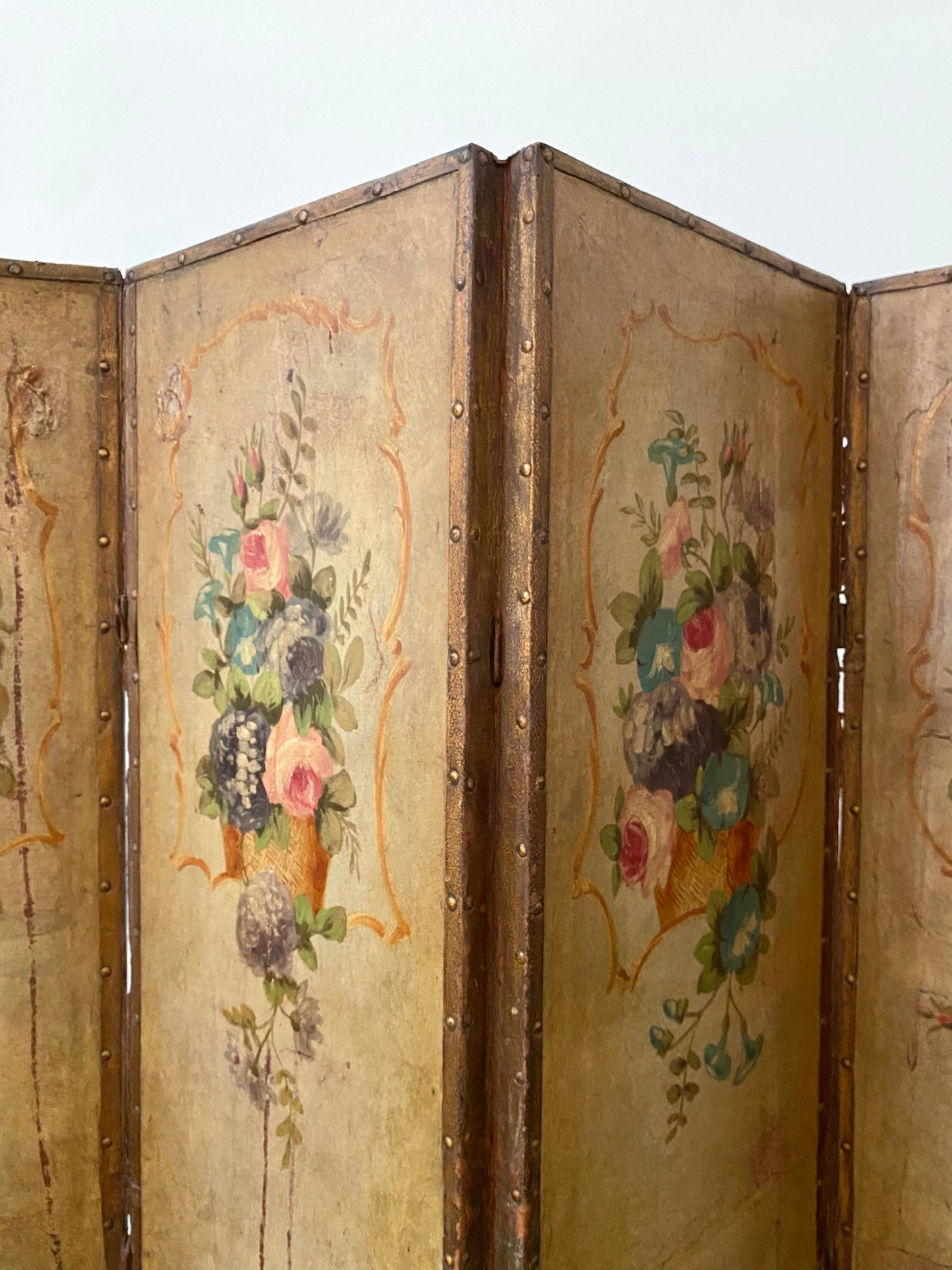 French 1880 Hand Painted Leather Four Screen Room Divider