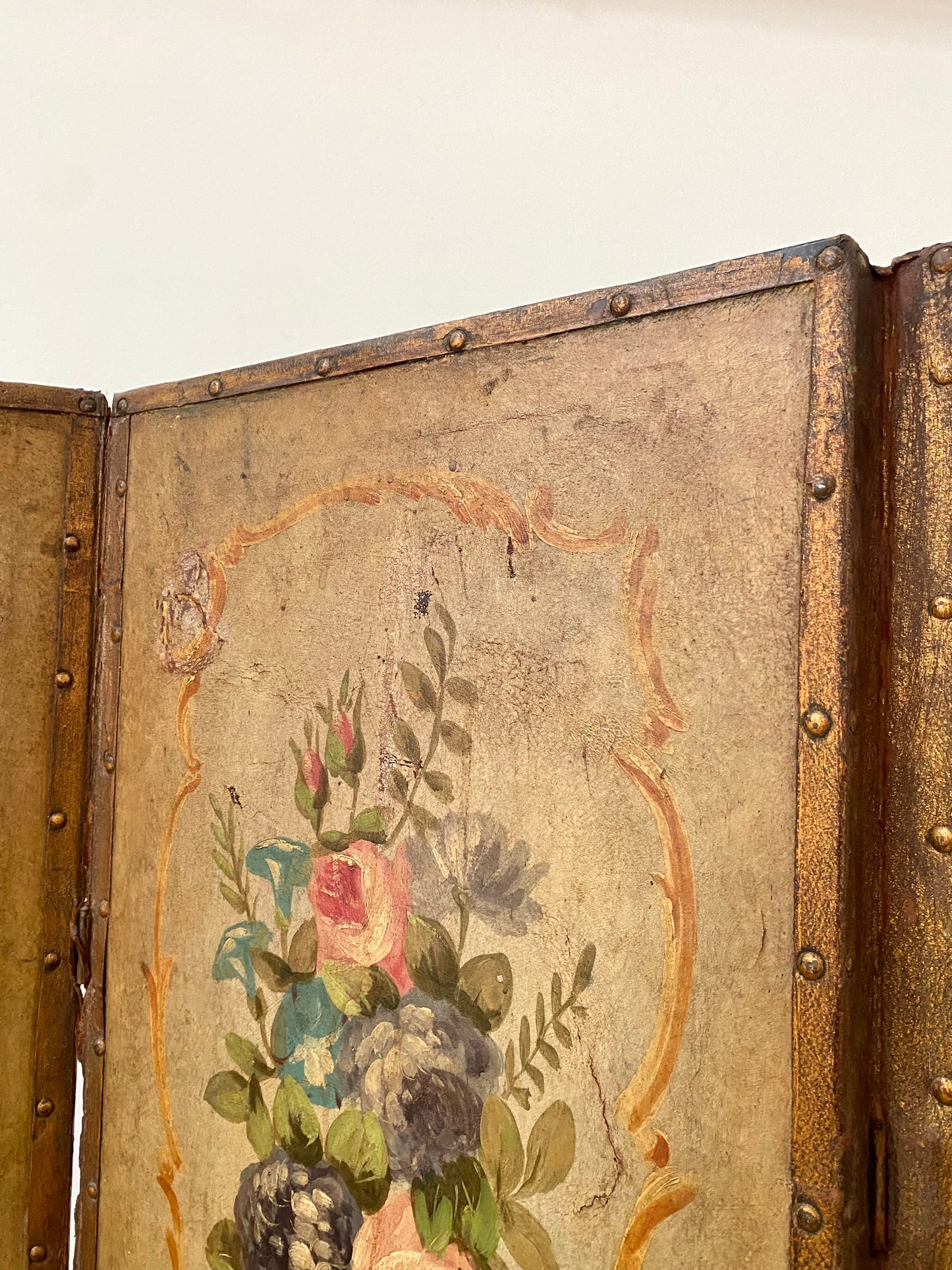 French 1880 Hand Painted Leather Four Screen Room Divider