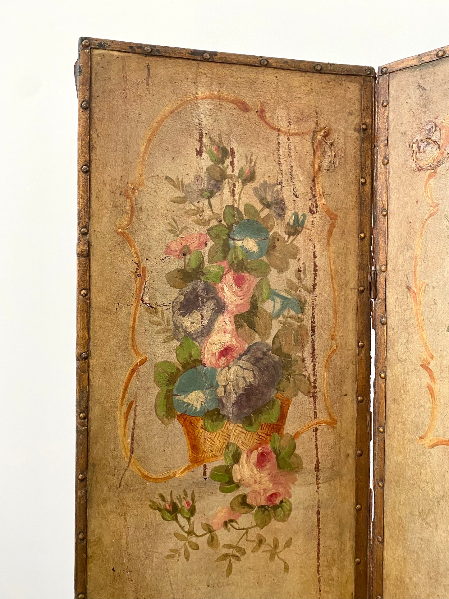 French 1880 Hand Painted Leather Four Screen Room Divider