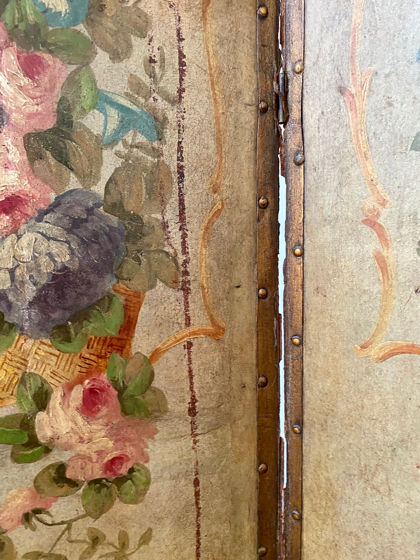 French 1880 Hand Painted Leather Four Screen Room Divider