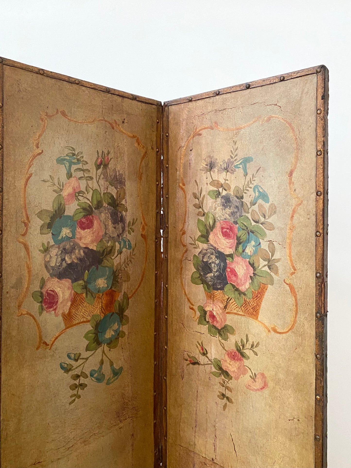 French 1880 Hand Painted Leather Four Screen Room Divider