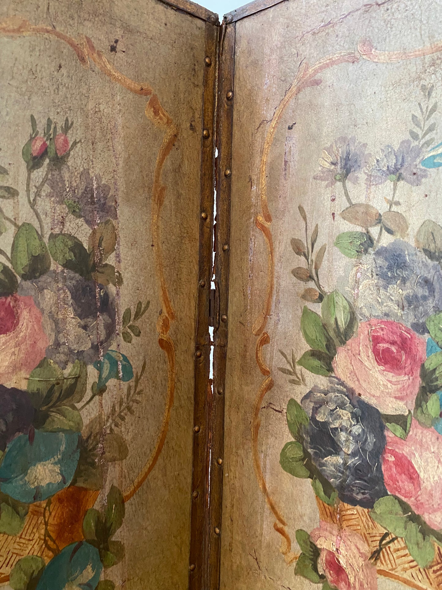 French 1880 Hand Painted Leather Four Screen Room Divider
