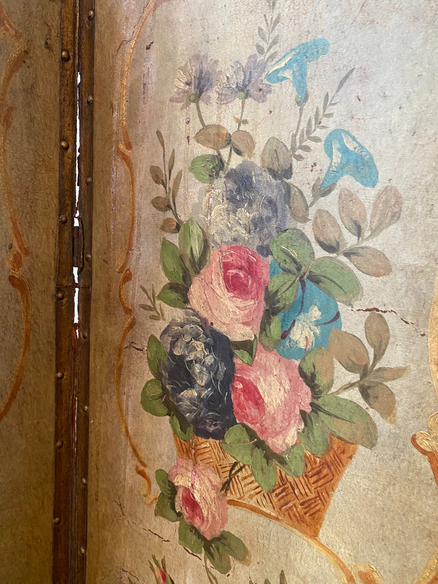 French 1880 Hand Painted Leather Four Screen Room Divider
