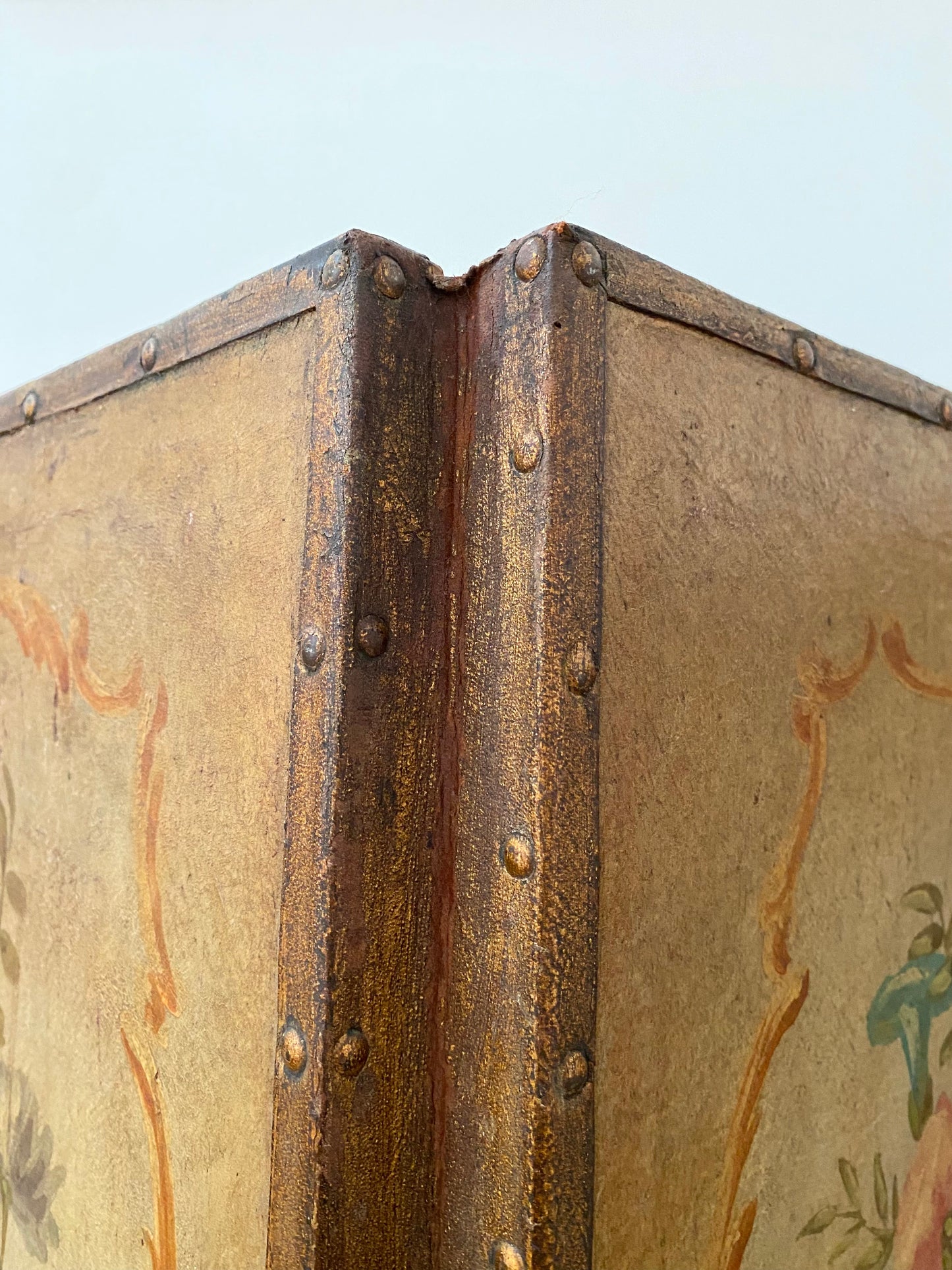 French 1880 Hand Painted Leather Four Screen Room Divider